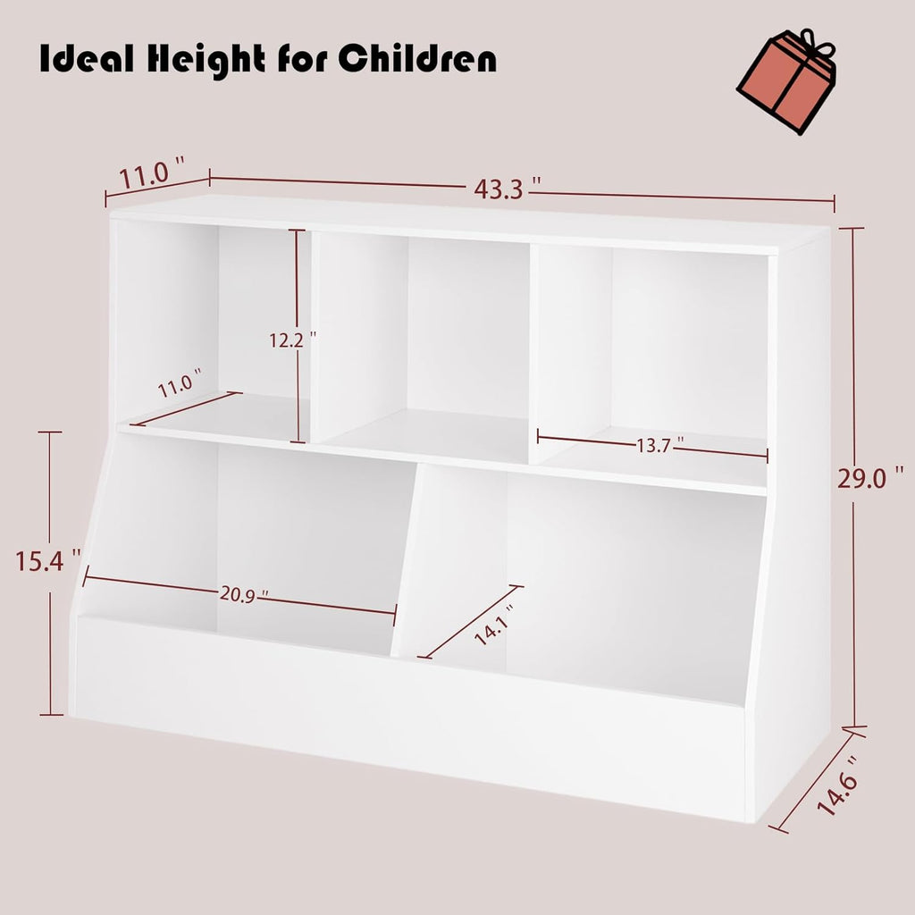 DINZI LVJ Toy Storage Organizer, Kids Bookshelf, Wood Toy Storage Cabinet, 5 Cubby Children Bookcase, 43.3" L Toddler Book Shelf for Playroom, Living Room, Nursery, Hallway, Classroom, White