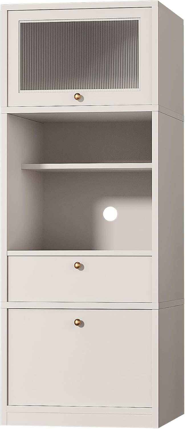 71" Tall Pantry Cabinet, Freestanding Storage Cabinet with Doors and Adjustable Shelves, Drawer & Anti-Tip Kit, E1-Grade Wood, Warm White for Kitchen Pantry Bathroom Storage