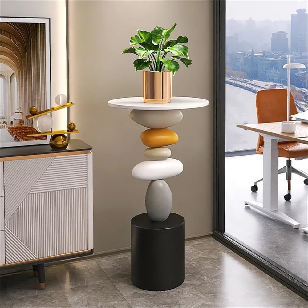 Stone-Shaped Side Table, Resin & Wood End Table, Sofa Side Table for Living Room, Bedroom, Modern Creative Accent Table, Decorative Luck-Inspired Design(Small)