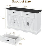 56" Modern Farmhouse Sideboard Buffet Cabinet with 4 Doors and 2 Drawers, Kitchen Storage Cabinet with Adjustable Shelves, Coffee Bar with Charging Station for Living Room, White