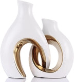 Ceramic Vase Set of 2 for Home Decor, White and Gold Abstract Intertwined Sculptural Vases, Decorative Pottery Centerpiece for Living Room, Dining Table or Entryway, Minimalist Art Decor Gift