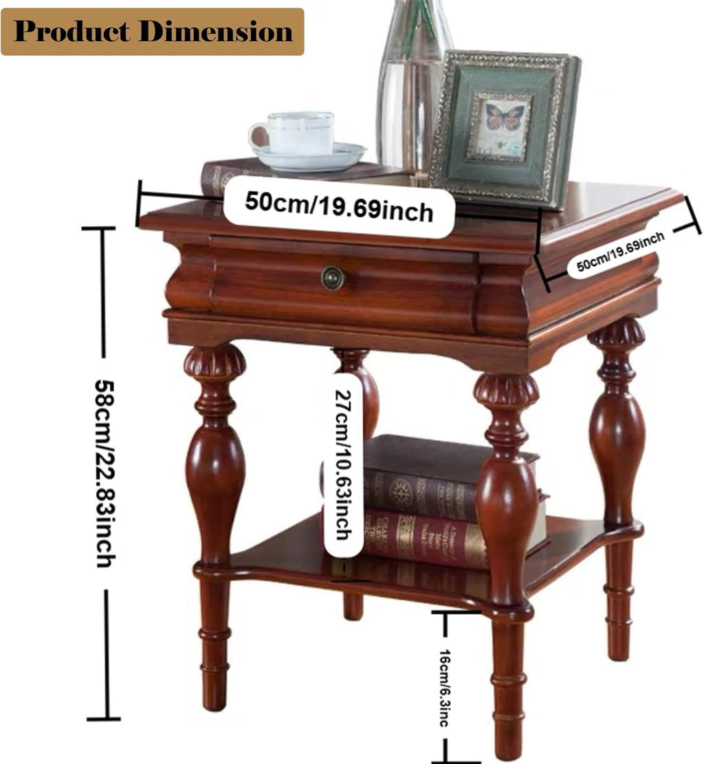YUNMUAIR-Solid Wood Side Table with Drawer Square Vintage End Tables Living Room,Victorian Style Bedside Nightstand,Sofa Tables with Storage Shelf,Telephone Table for Living Room,No-Tools Assembly