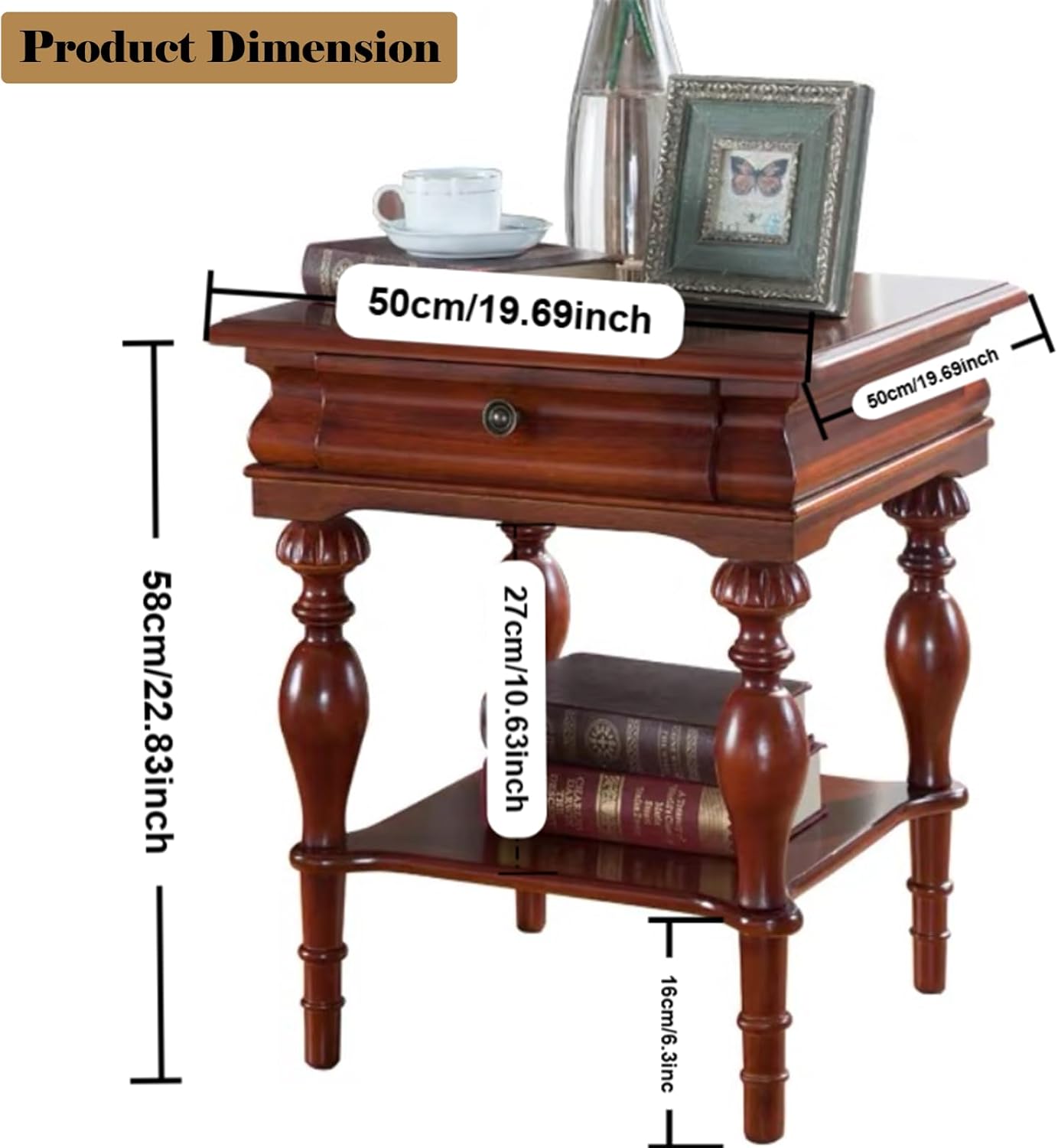 YUNMUAIR-Solid Wood Side Table with Drawer Square Vintage End Tables Living Room,Victorian Style Bedside Nightstand,Sofa Tables with Storage Shelf,Telephone Table for Living Room,No-Tools Assembly