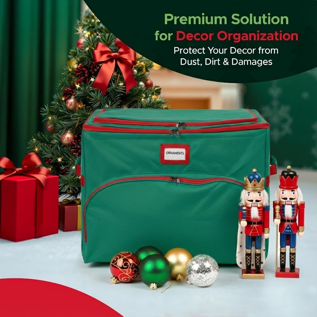 Christmas Nutcracker and Figurine Collectible Storage Box - Holds Up to 72 Ornaments 4” x 4” - Top Adjustable Compartments for Figurines, Nutcrackers, etc - Heavy Duty 600D/ Inside PVC Material, Green