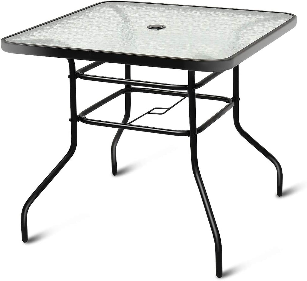 Tangkula 32" Square Outdoor Dining Table with Tempered Glass Top, Outside Bistro Table with 2" Umbrella Hole & Metal Frame, Patio Dining Table for Backyard, Lawn, Deck & Poolside