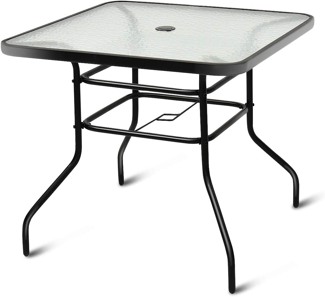Tangkula 32" Square Outdoor Dining Table with Tempered Glass Top, Outside Bistro Table with 2" Umbrella Hole & Metal Frame, Patio Dining Table for Backyard, Lawn, Deck & Poolside