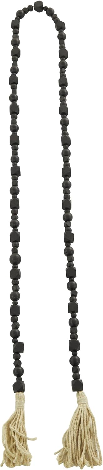 Deco 79 Wood Geometric Handmade Beaded Garland with Tassel, 1" x 1" x 80", Black