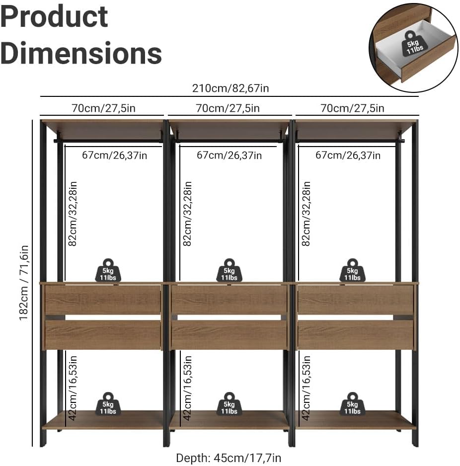 Madesa Kitchen Pantry Storage Rack with 6 Drawers and Hanging Spaces 82" L Multiuse Modular Cabinet for Kitchen Organization (Black/Brown)