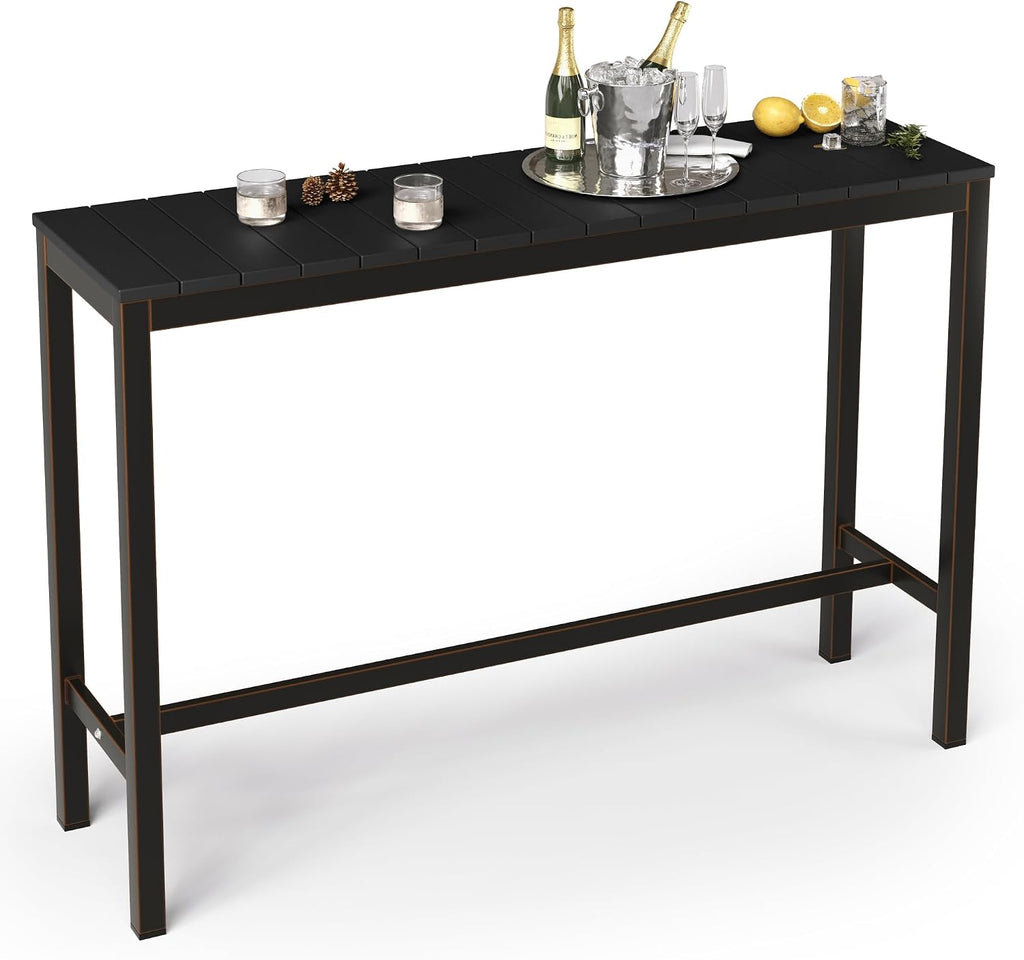 Cozyman Outdoor Bar Table, 55" Patio Bar Height Counter Console Table, Black Waterproof HDPS Slatted Top and Bronze Leg, Weather Resistant, Hot Tub, Balcony, Yard, Indoor or Outdoor Use