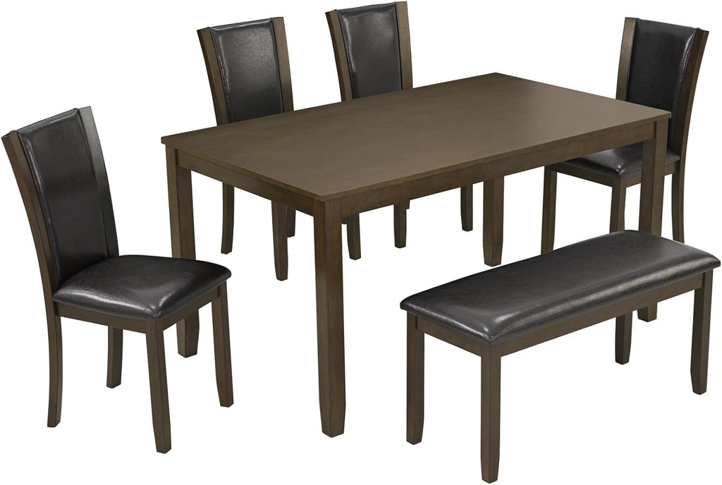 6-Piece Dining Table Set with Bench and Chairs - Solid Wood Kitchen Dining Room Table Set in Farmhouse Rustic Style, Table Set for 6 with 4 Chairs and Bench Seat.(Dark Walnut_Large)