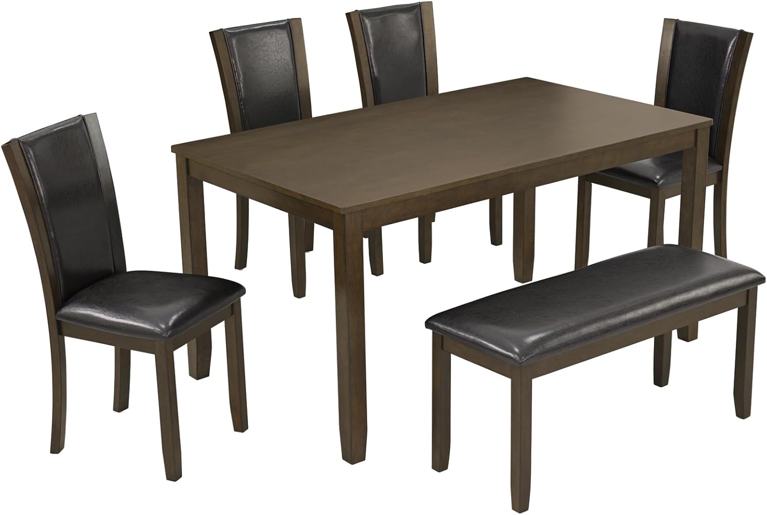 6-Piece Dining Table Set with Bench and Chairs - Solid Wood Kitchen Dining Room Table Set in Farmhouse Rustic Style, Table Set for 6 with 4 Chairs and Bench Seat.(Dark Walnut_Large)
