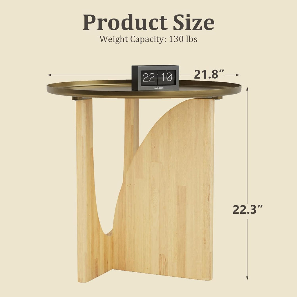 Farmhouse Rubberwood End Table, Beige Rustic End Table with Stainless Steel Tabletop, Round Side Table for Living Room, Bedroom, Lounge