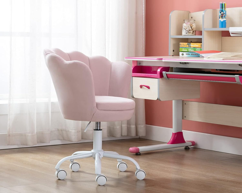 CIMOTA Cute Kids Desk Chair,Velvet Bedroom Chair Adjustable Child Computer Chair Swivel Shell Vanity Chairs for Girls Bedroom/Study Room, Light Pink