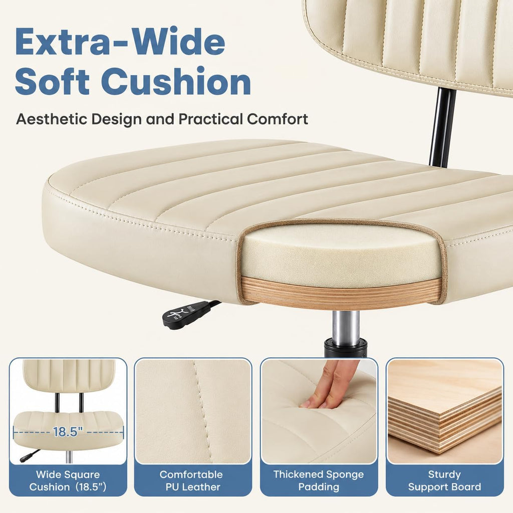Simple Deluxe Armless Drafting Chair, Low Back PU Leather Office Seat with Footrest Ring, Swivel Rolling Stool for Standing Desk, Studio, Lab, Counter and Small Spaces, Beige
