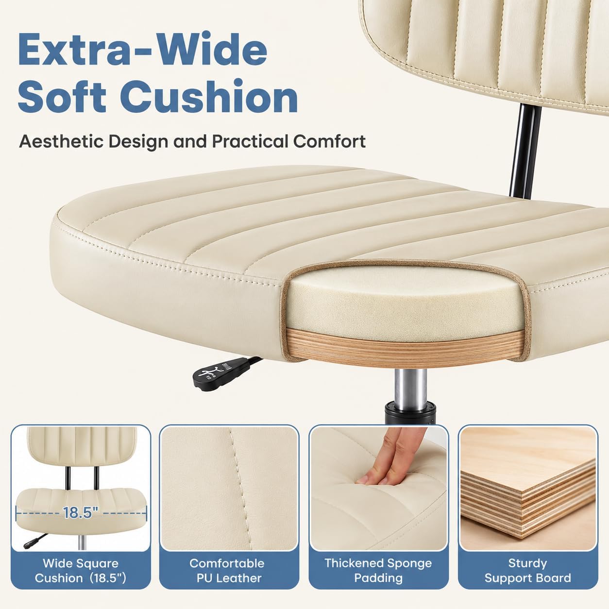 Simple Deluxe Armless Drafting Chair, Low Back PU Leather Office Seat with Footrest Ring, Swivel Rolling Stool for Standing Desk, Studio, Lab, Counter and Small Spaces, Beige