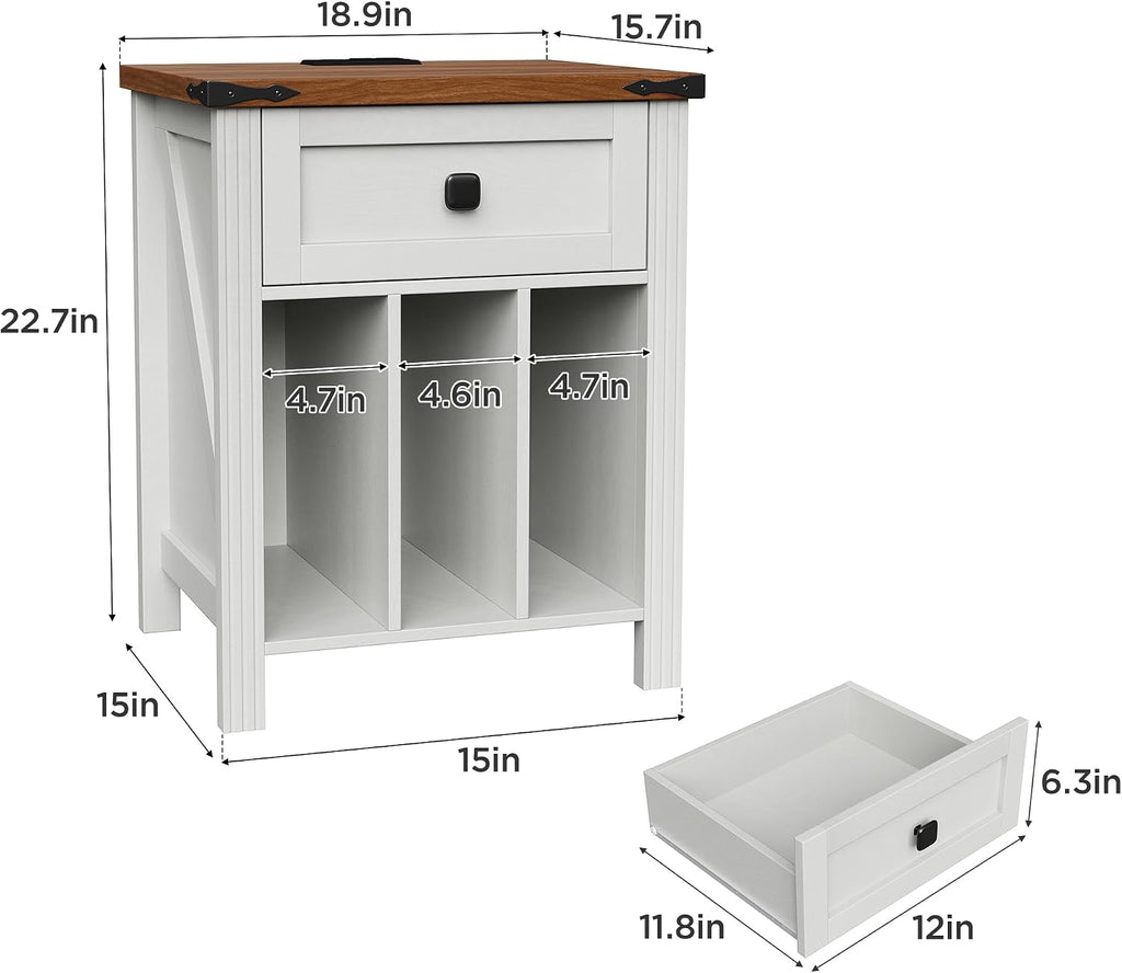 Farmhouse Record Player Stand with Vinyl Record Storage, End Table with Charging Station, Wood Record Holder Cabinet Dispaly Shelf for Living Room,Bedroom,Office,White