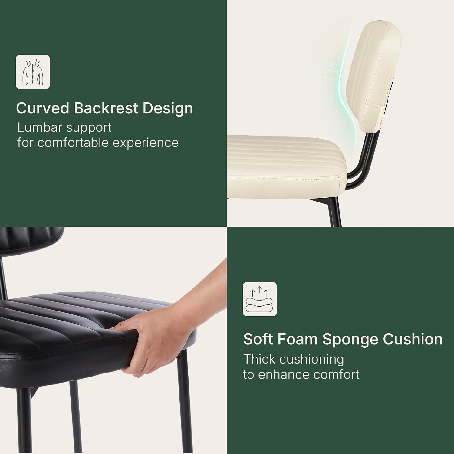 Dining Chairs Set of 4, Modern PU Leather Upholstered Kitchen Chairs with Metal Legs, Mid Century Shell Backrest Side for Dining Room Living Room, Beige White
