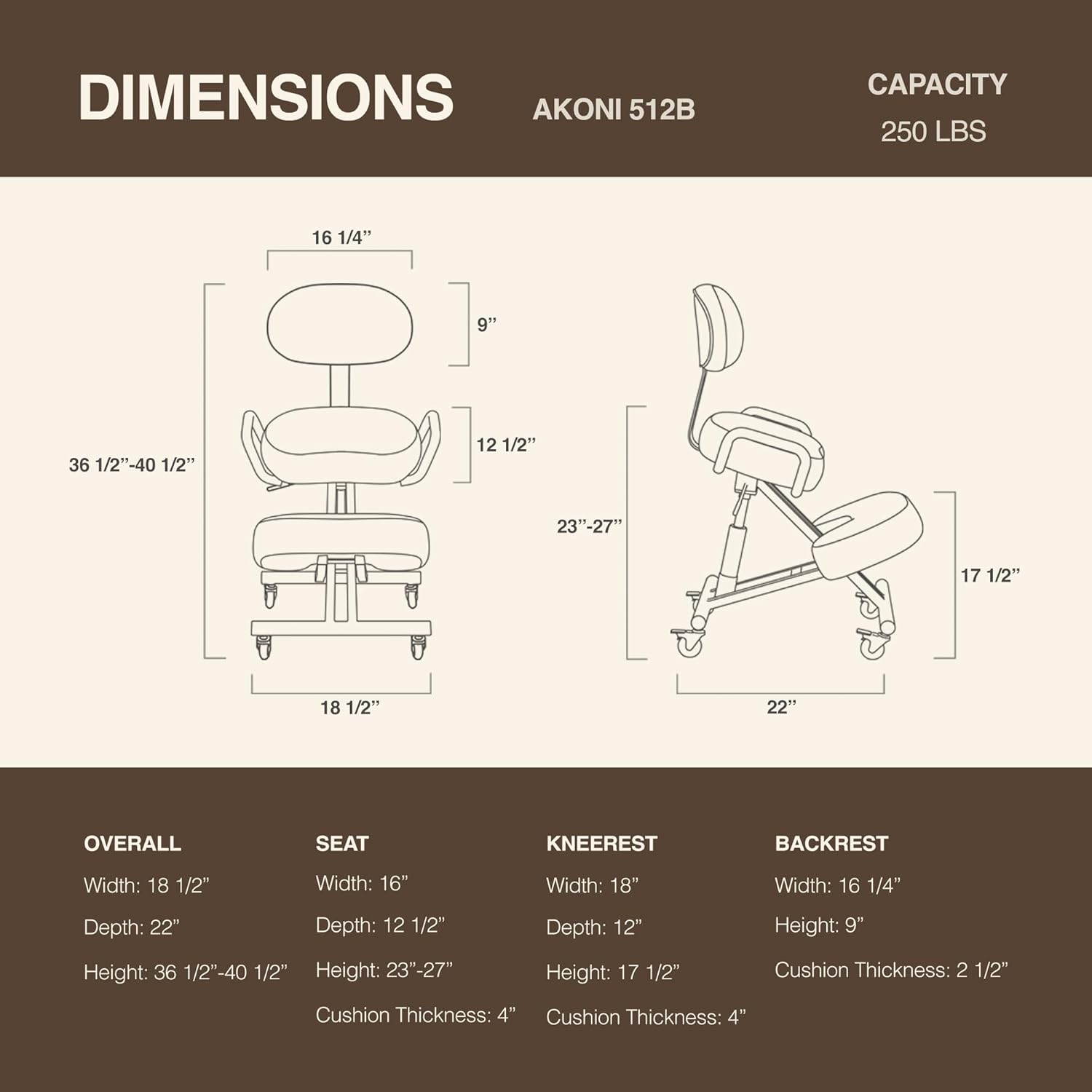 Ergonomic Kneeling Chair with Backrest, Improve Posture, Thick Cushions, Locking Wheels for Home & Office, AKONI 512B (Vanilla)