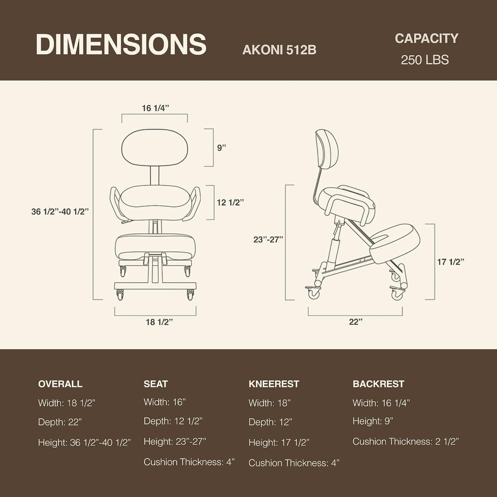 Ergonomic Kneeling Chair with Backrest, Improve Posture, Thick Cushions, Locking Wheels for Home & Office, AKONI 512B (Dim Grey)