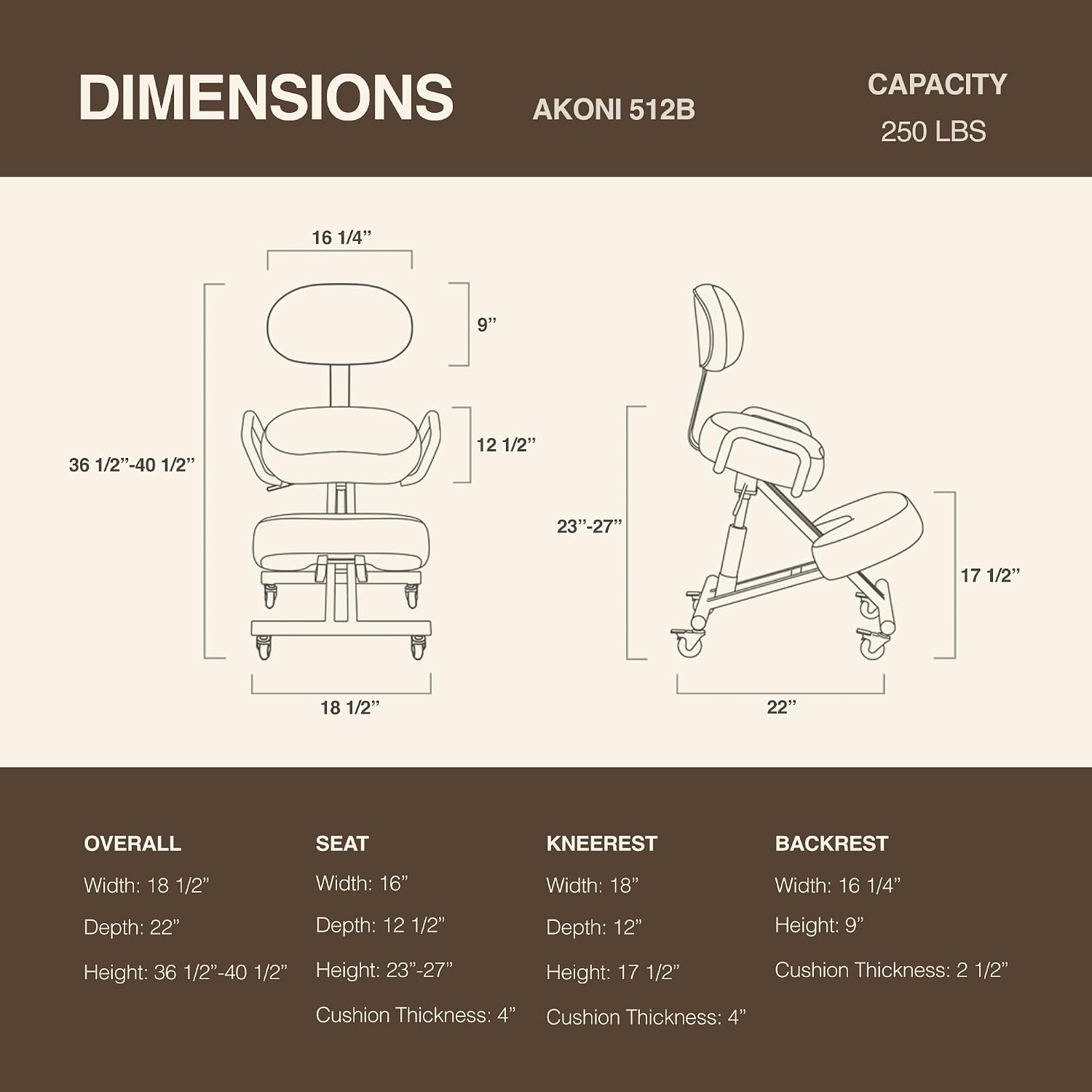 Ergonomic Kneeling Chair with Backrest, Improve Posture, Thick Cushions, Locking Wheels for Home & Office, AKONI 512B (Dim Grey)