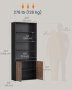 SONGMICS Home Book Shelf, Snapsemble Superfast Assembly, 6-Tier Floor Standing Bookcase with Doors and Adjustable Shelves, 70.4 Inches Tall for Bedroom Living Room, Ebony Black and Natural Walnut
