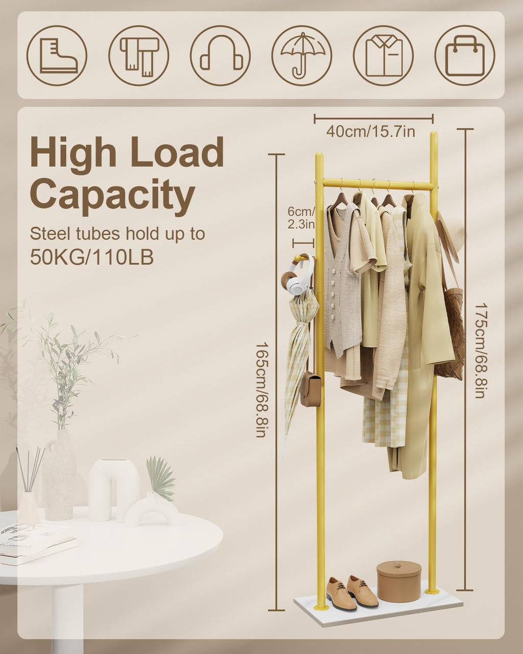 Coat Rack Freestanding, Clothes Rail, 19.7x11.8x68.9 In, Gold | Modern Garment Rack with 2 Hooks and Heavy Rock Slab Base, Industrial Metal Clothing Hanger Stand for Entryway, Living Room