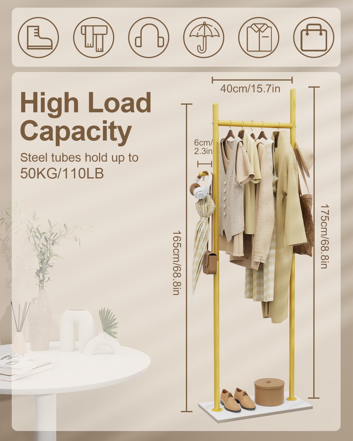 Coat Rack Freestanding, Clothes Rail, 19.7x11.8x68.9 In, Gold | Modern Garment Rack with 2 Hooks and Heavy Rock Slab Base, Industrial Metal Clothing Hanger Stand for Entryway, Living Room
