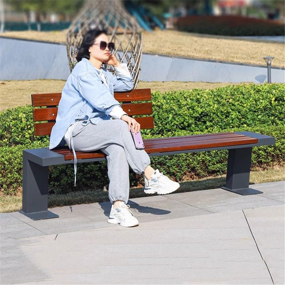 Garden Outdoor Garden Backrest Chair, Wooden Bench with Stainless Steel Frame, for Balcony Yard Porch Seating Seat(Medium)
