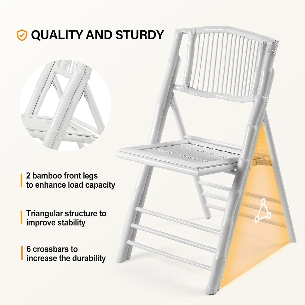 VINGLI Bamboo Folding Chair, Foldable Dining Wood Chairs Comfortable Seat for Outdoor & Indoor, Patio, Porch, Wedding, Party, Event,White (4 Pack)