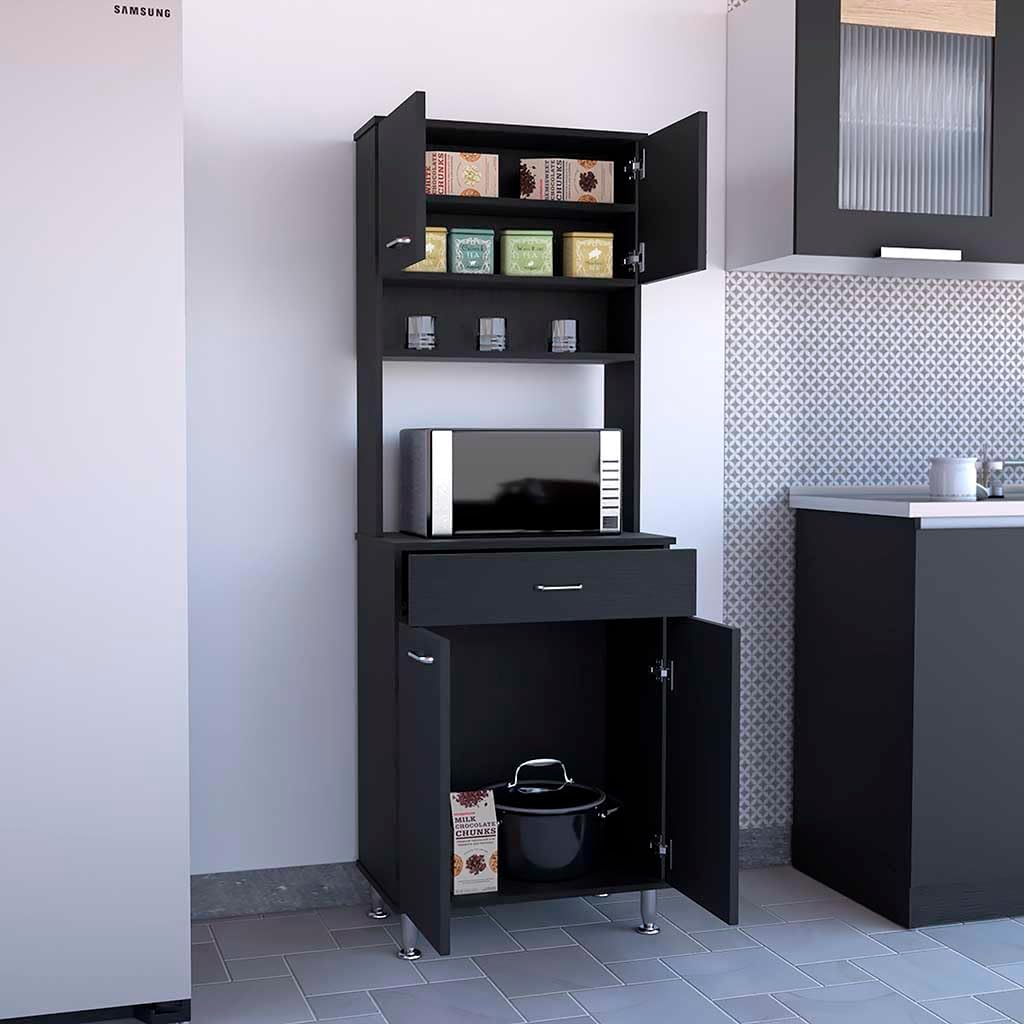 23.6" D*13.9" W*66.5" H Kitchen Pantry with Drawer & 3 Shelves, 2 Double Doors, Rectangular Storage Cabinet, Traditional, for Living Room, Dining Room, Black