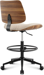 Drafting Chair with Adjustable Footrest, Armless Modern Tall Office Chair for Standing Desk, PU Leather Swivel Stool in Curved Bentwood Style, Ergonomic Rolling Walnut Chair for Office(Beige)