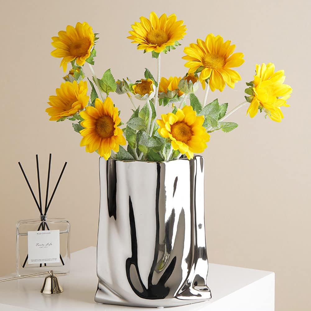 Silver Vase, Paper Bag Modern Minimalist Metallic Luster Ceramic Flower Vase for Home Decor, Table, Living Room Decoration, Shelf Decor, Mantel (Silver-Large)