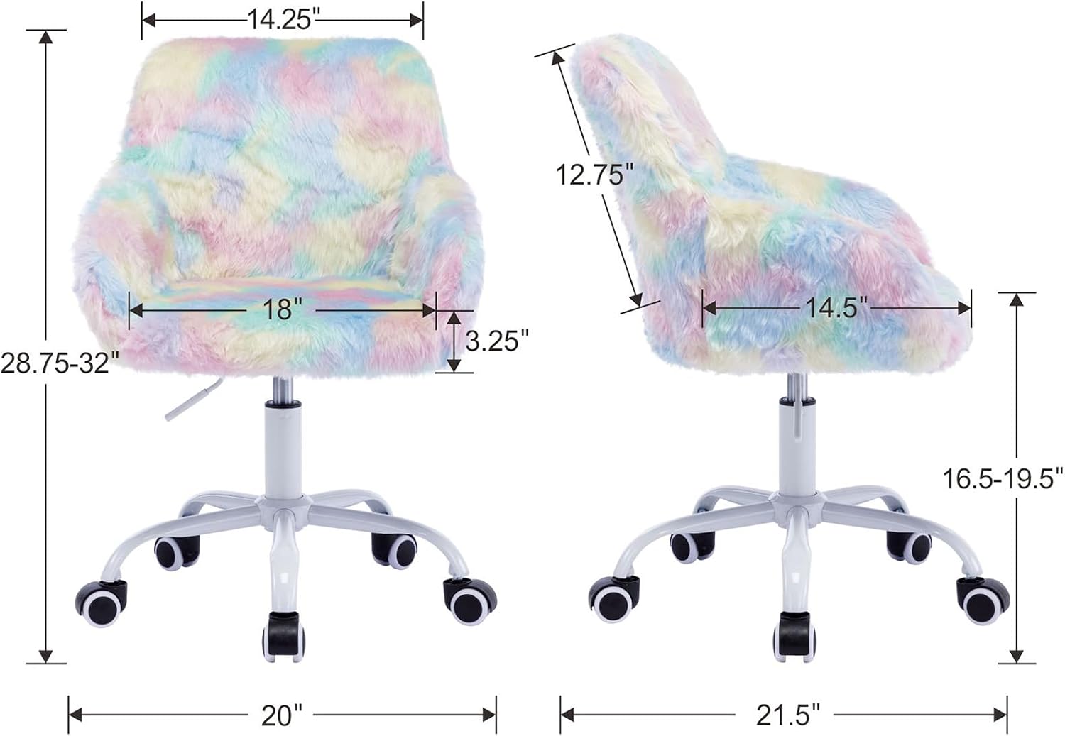 DUOMAY Kids Desk Chair, Faux Fur Colorful Upholstered Computer Chair for Boys and Girls, Cute Study Swivel Height Adjustable Arm Chair for Child, Rainbow Color