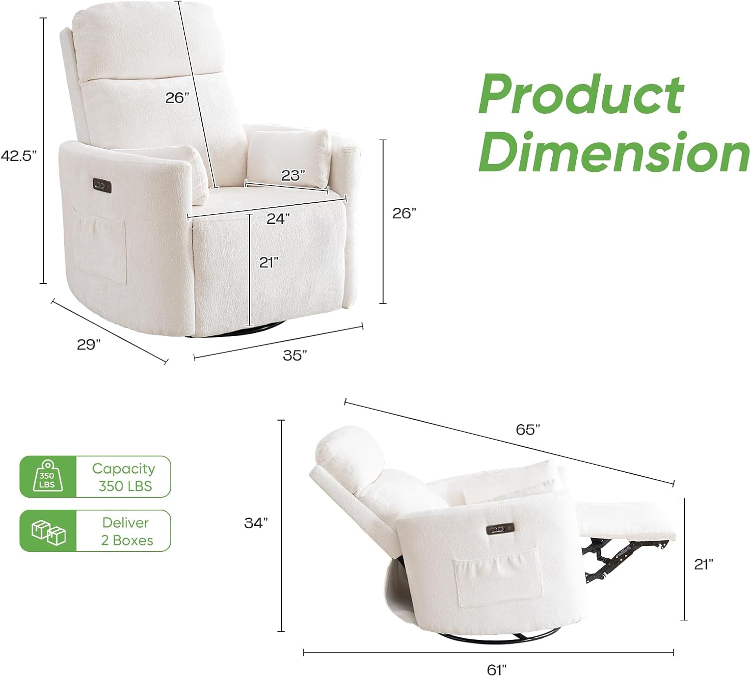 Oversized Power Recliner with Massage and Heat, Swivel Rocker Recliner with Adjustable Headrest, Glider Recliner Nursery Chair with 2 Pillows, rocking nursery recliner for Living Room,Chenille White