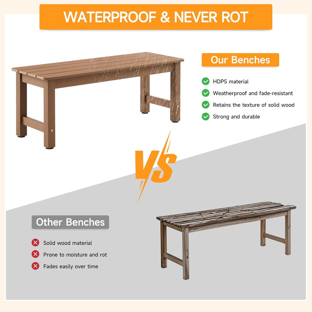 ONBRILL Outdoor Benches Weatherproof, 2-Person Poly Lumber Garden Bench, All-Weather Patio Bench Will not Rot and Fade for Garden, Porch, Backyard and Park, Easy Installation, Brown