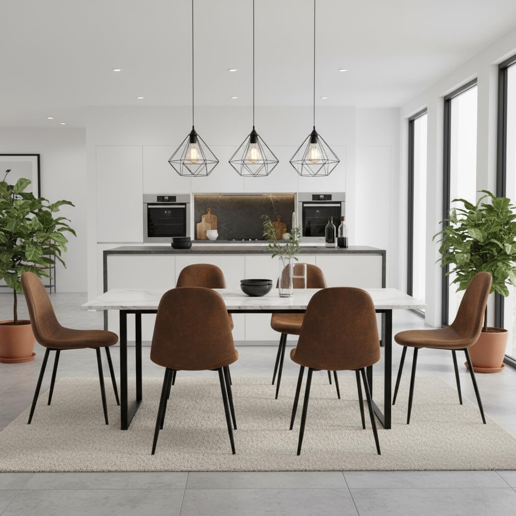 Homy Casa 6-Piece Suede Upholstered Dining Chairs Set of 6 – Armless Side Chairs with Padded Seat & Back, Metal Legs, Brown Accent Dining Room/Kitchen Seating