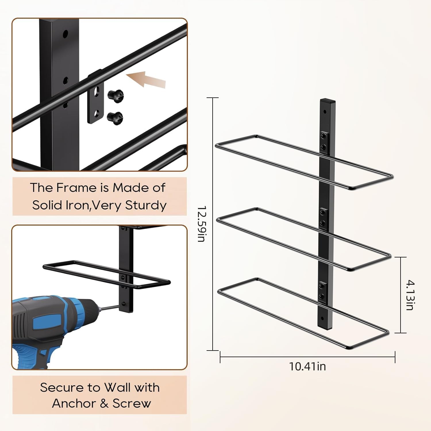 B4Life Wine Rack and Holder Wall Mounted 3 Bottles, Metal Hanging Mount Racks for Wall, Liquor, Champagne for Bottles Storage Home Bar, Cellar and Kitchen, Dining Room (Black, 3 Bottle)