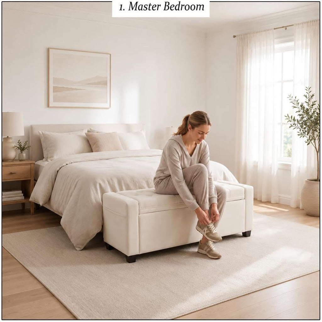 Storage Ottoman Bench for Bedroom, End of Bed Bench with Hidden Storage, Upholstered Tufted Linen Ottoman with Safety Hinge, Bedroom Bench with Storage, 43 Inch, 350lb, Linen Beige