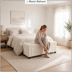 Storage Ottoman Bench for Bedroom, End of Bed Bench with Hidden Storage, Upholstered Tufted Linen Ottoman with Safety Hinge, Bedroom Bench with Storage, 43 Inch, 350lb, Linen Beige