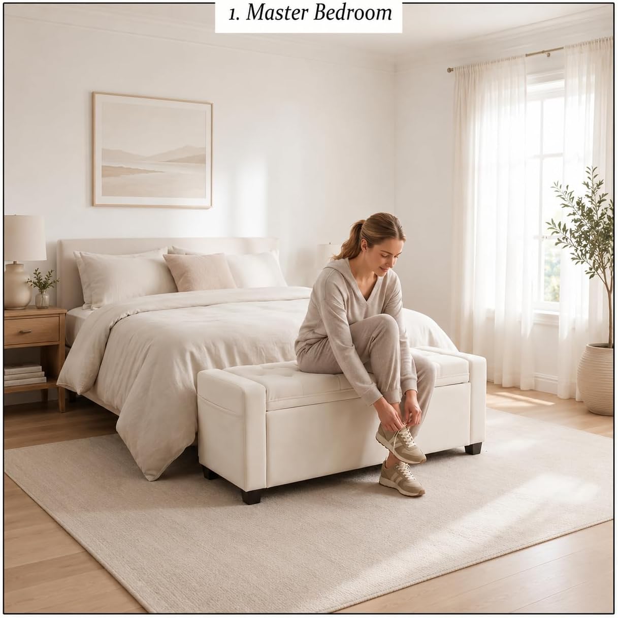 Storage Ottoman Bench for Bedroom, End of Bed Bench with Hidden Storage, Upholstered Tufted Linen Ottoman with Safety Hinge, Bedroom Bench with Storage, 43 Inch, 350lb, Linen Beige