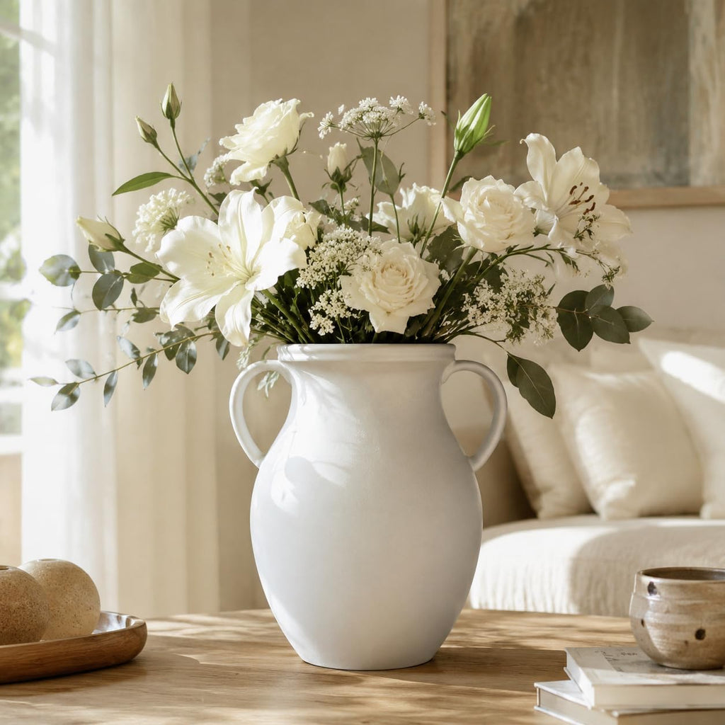Nordic Minimalist 10 Inch Tall White Ceramic Vase, Modern Flower Vase for Dried Pampas Grass and Fresh Bouquets, Elegant Tabletop Centerpiece for Living Room, Shelf, or Entryway Decor