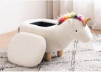 Pemberly Row Unicorn Fabric Storage Ottoman/Stool, White/Natural Finish, 15.75" H x 14.17" W x 28.74" D, Upholstered Kids Bedroom or Playroom Furniture with Cute Animal Theme and Interior Storage