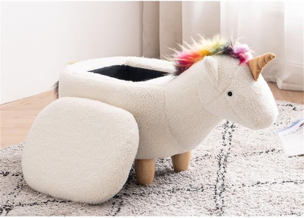 Pemberly Row Unicorn Fabric Storage Ottoman/Stool, White/Natural Finish, 15.75" H x 14.17" W x 28.74" D, Upholstered Kids Bedroom or Playroom Furniture with Cute Animal Theme and Interior Storage