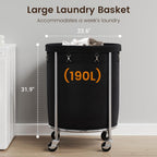 ELYKEN 190L Laundry Basket with Wheels, Large Rolling Laundry Hamper with Removable Liner Bag, Round Rolling Laundry Cart, Dirty Clothes Hamper for Hotel, Home, Closet, Dorm, Black