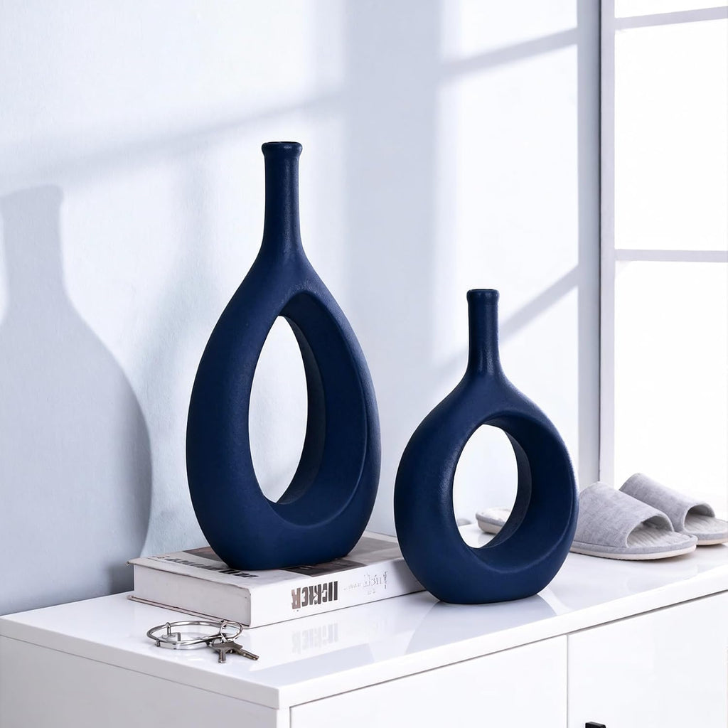 Navy Blue Ceramic Hollow Elliptical Vase Set of 2 - Boho Circle Vase with Hole, for Modern Navy Blue Table Decor, Living Room Decor Shelf mid Century Modern Home Entrance Decorative vase