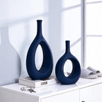 Navy Blue Ceramic Hollow Elliptical Vase Set of 2 - Boho Circle Vase with Hole, for Modern Navy Blue Table Decor, Living Room Decor Shelf mid Century Modern Home Entrance Decorative vase