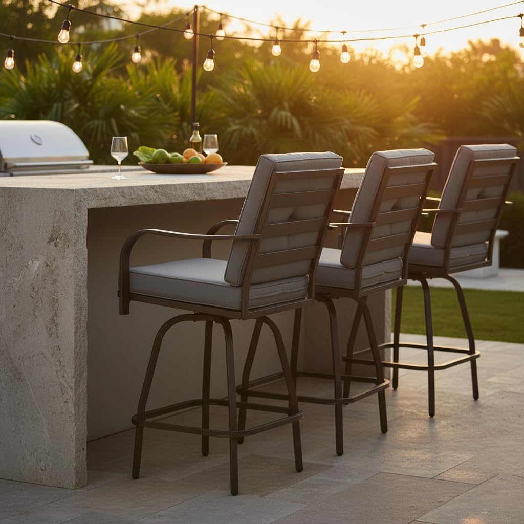 Outdoor Swivel Bar Stools Set of 4, Patio Bar Height Swivel Stools with Cushions for Garden Balcony Backyard, Grey