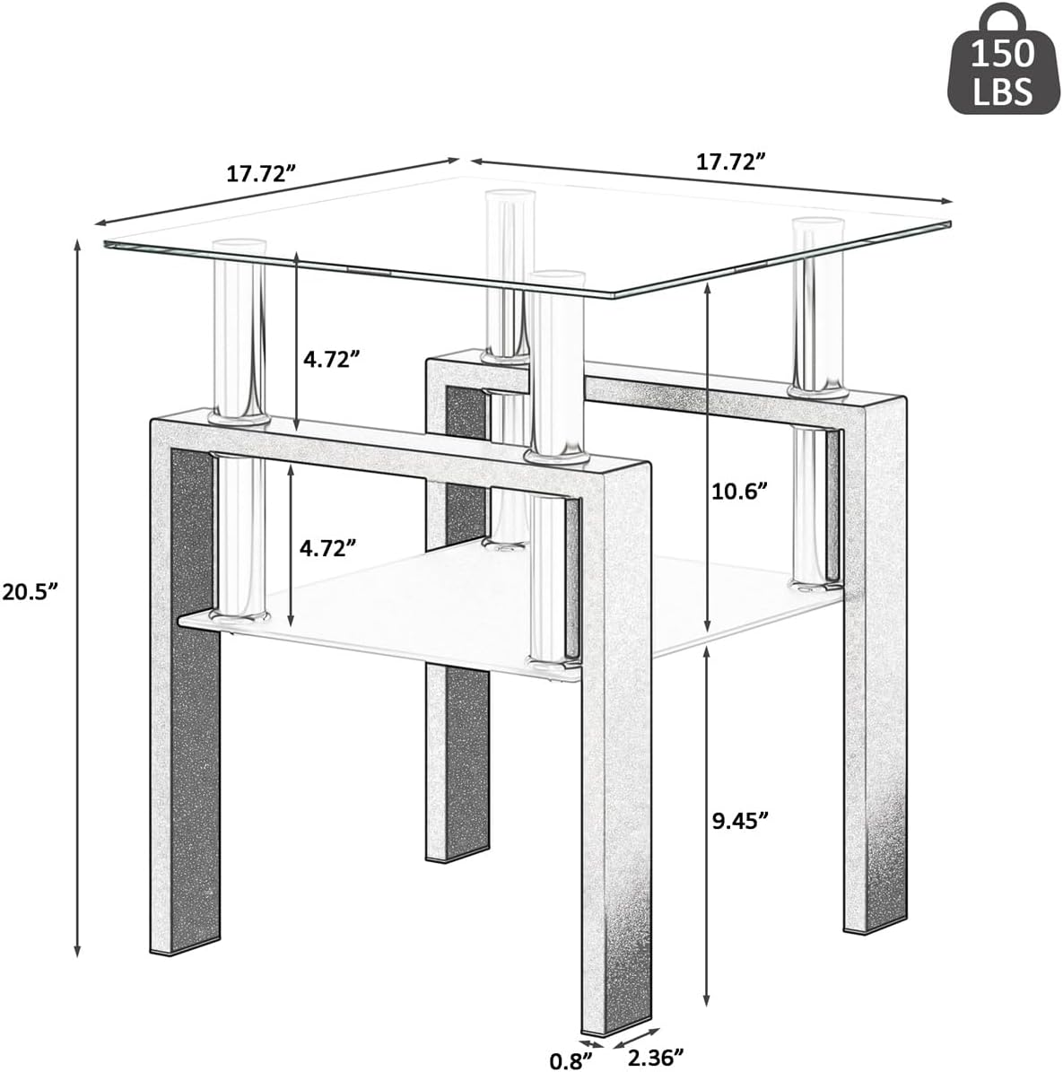 Square Glass End Table Set of 2, Clear Tempered Glass Top with Frosted Lower Shelf, Black Metal Legs, Square Sofa Side Table for Living Room Bedroom, 17.72x17.72x20.5 Inch, 150 lbs Capacit
