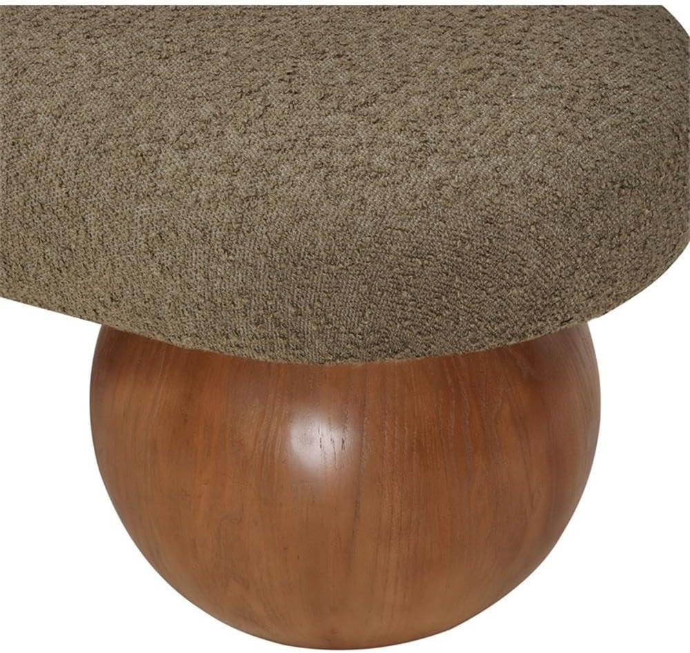 Pemberly Row Contemporary Boucle Fabric Bench, 59.5" W, Olive Green Upholstery, Walnut Ash Wood Ball-Shaped Legs, Art Deco Style, Living Room or Bedroom Accent Seating