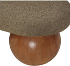 Pemberly Row Contemporary Boucle Fabric Bench, 59.5" W, Olive Green Upholstery, Walnut Ash Wood Ball-Shaped Legs, Art Deco Style, Living Room or Bedroom Accent Seating
